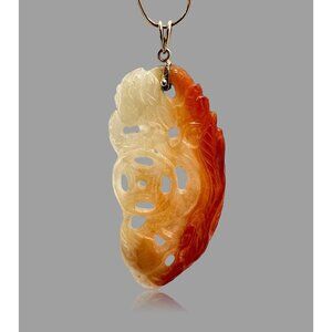 Vintage 14K Yellow Gold Carved White & Red Jade Chinese Pendant, 2.75”, 10.29g